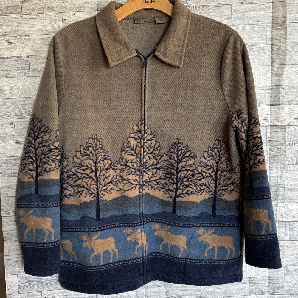 Moose Sweatshirt All over‎ Woods Fleece Womens XL Tan Blue Lodge Full Zip-up USA